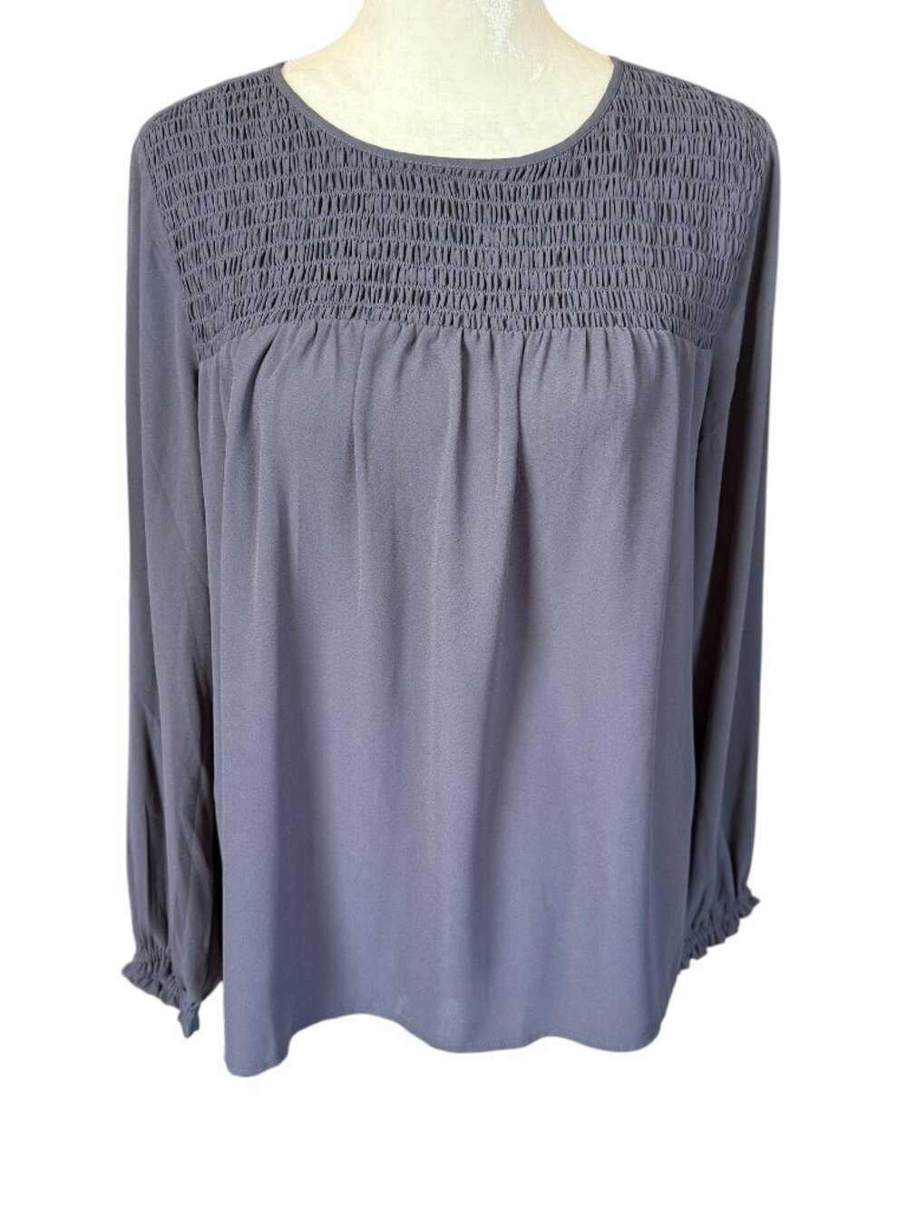 Loft women's gray long sleeve gathered sheer blouse ruffle sleeves size XS